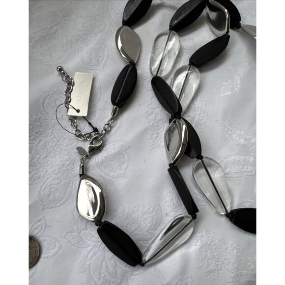 Chicos Faux Black Stone Silver Tone 19" Long Statement Necklace NEW - Picture 6 of 15